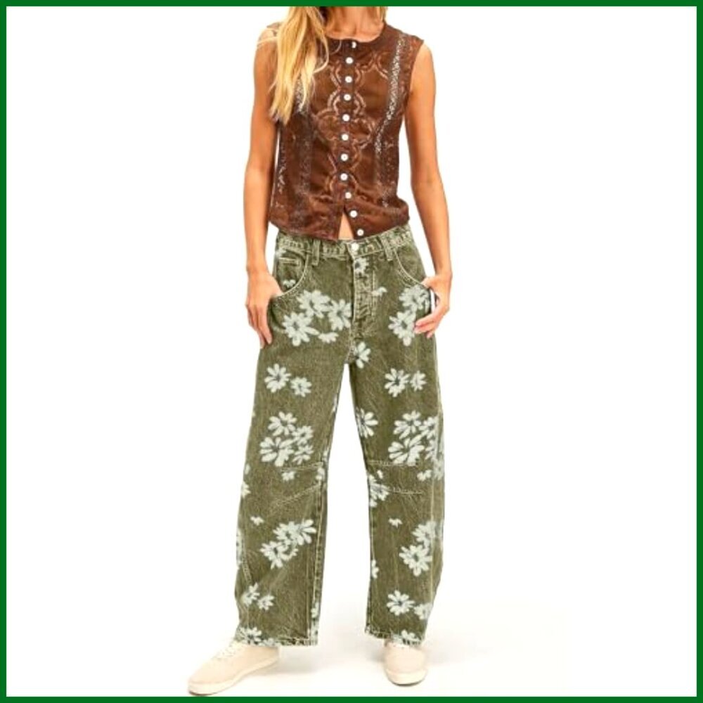 Distressed Barrel Jeans Baggy Wide Leg Floral Printed Patchwork Denim Pants - Picture 5 of 7